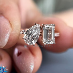 Toi Et Moi Lab Grown Diamond Ring: Pear & Emerald Cut, Solid Gold