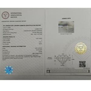 May include: A laboratory grown diamond grading report with a diamond image, grading results, and additional grading information. The report number is LG585313978. The diamond is 0.42 carats, F color, VVS1 clarity, and ideal cut.