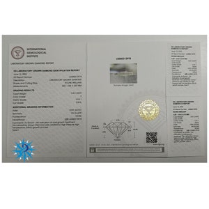 May include: A laboratory grown diamond report from the International Gemological Institute (IGI) for a 0.42 carat round brilliant diamond. The report details the diamond's color grade, clarity grade, cut grade, polish, symmetry, fluorescence, and inscription. The report also includes a sample image of the diamond.