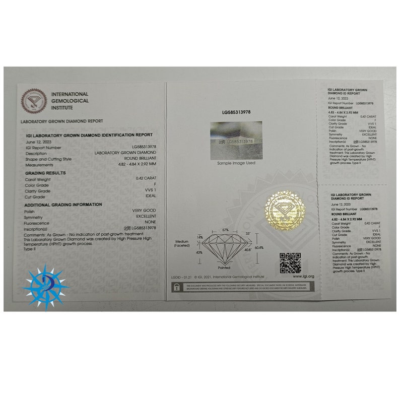 May include: A laboratory grown diamond report from the International Gemological Institute (IGI) for a 0.42 carat round brilliant diamond. The report details the diamond's color grade, clarity grade, cut grade, polish, symmetry, fluorescence, and inscription. The report also includes a sample image of the diamond.