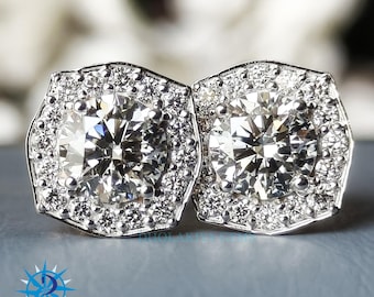 Lab Grown Diamond Halo Stud Earrings: Round Cut Gold Jewelry