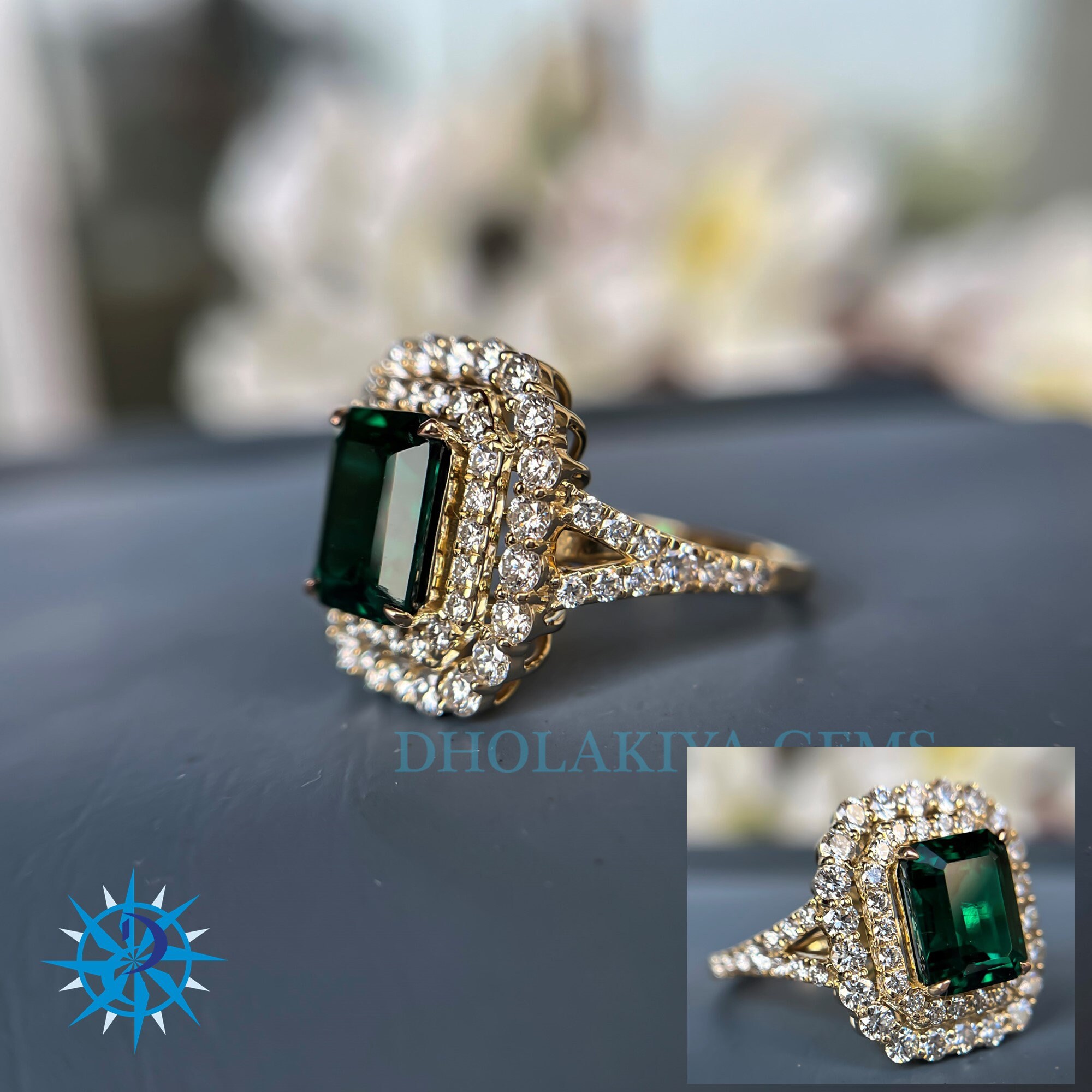 エメラルドカットのラボグロウンダイヤモンドリング：ダブルハロー