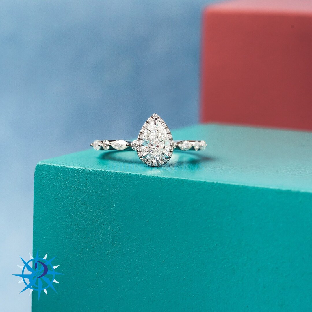 Pear Cut Lab Grown Diamond Ring 0.50 to 3.00 CT Halo Engagement Ring D/VVS Lab Grown/ CVD / Hpht