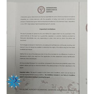 May include: A white document with the International Gemological Institute logo and text about laboratory grown diamonds. The document includes the text "Important Limitations" and "Important Notice".