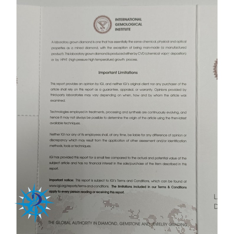 May include: A white document with the International Gemological Institute logo and text about laboratory grown diamonds. The document includes the text "Important Limitations" and "Important Notice".