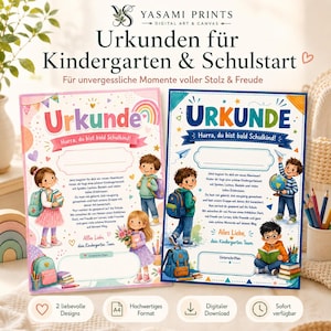 Pode incluir: Dois certificados retangulares para o jardim de infância e escola primária com ilustrações de crianças com mochilas, livros e globos. O texto inclui 'Urkunde', 'Hurra, du bist bald Schulkind!' e 'Alles Liebe, dein Kindergarten Team'.