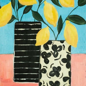 Original painting, lemon painting ,patterned vase,Acrylic painting on canvas, kitchen art, lemon, still life lemon,medium painting