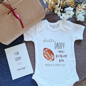 Football baby pregnancy announcement to husband: Hello Daddy surprise box with personalized baby bodysuit