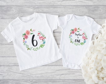 Flamingo birthday T-shirt, Floral wreath with flamingo and any Age, Name