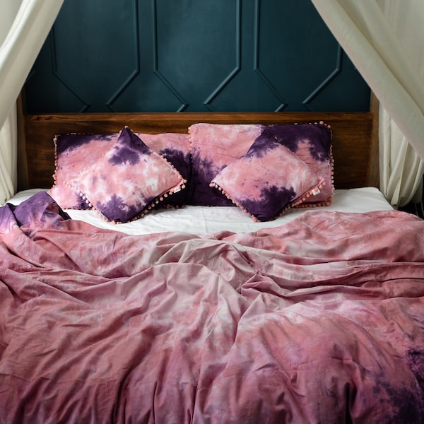 Soft Purple Pink Dyed Cotton Duvet Covet With 2 Pillow Cover Set, Full/Queen/King/Twin Blanket Comforter Cover Set