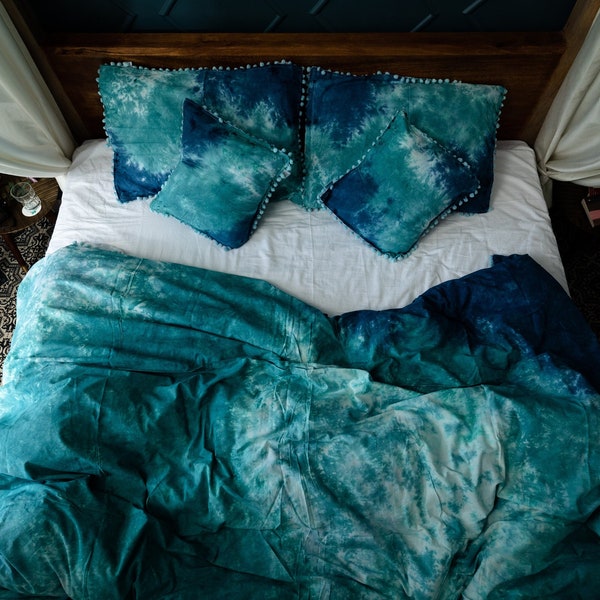 Boho Comforter Sea Blue hand dyed Cotton Duvet Covet With 2 Pillow Cover Set, Full/Queen/King/Twin Tie Dyed Blanket Cover Set