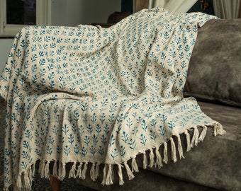 Hand Loomed Mud Cloth Leaf Print Throw Blanket Cotton Throws and Blankets Leaf Hand woven Cotton Throw Natural Colour