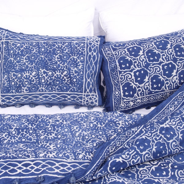 Housse de couette bleu indigo DOUBLE FACE/édredon réversible 100 % coton avec taie d'oreiller Couette pour lit jumeau/grand/grand lit