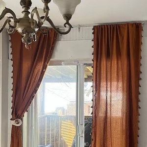 Boho Terracotta Cotton Curtains With Tassel, Rust Color Shower Door Drapes  2 Panel Window Treatment Long Cotton Curtain For Living Room