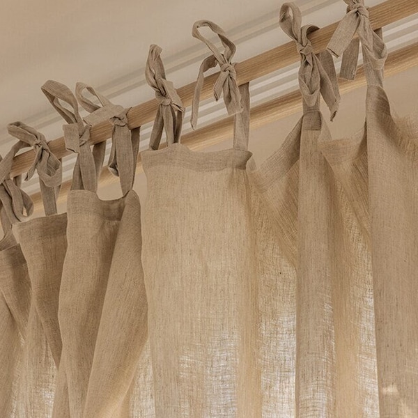 Natural Linen stone washed Tie Top one panel curtain Bed Canopy Curtain Window door Drapery curtains Custom size drapes for Living Room