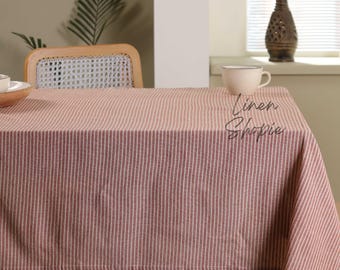 Maroon Base Striped Table Cloth. Stripe Gauze Linen Table Cover, Natural Washed Linen Tablecloth, Dining Table Decor Ideas