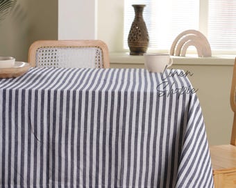 Blue Linen Striped Tablecloth, Gauze Linen tablecloth. Washed soft linen table cloth. Navy stonewashed linen custom size tablecloth