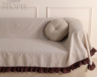 Housse de canapé en lin à volants, jeté de canapé bohème naturel - Housses lavables Housse de canapé lavable délavée pour canapé Taille personnalisée