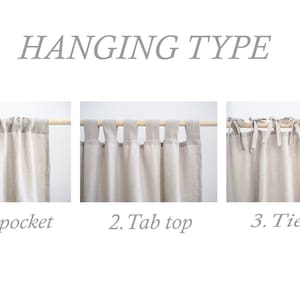 May include: Three different ways to hang curtains: rod pocket, tab top, and tie top. Each method is shown with a close-up of the top of the curtain.
