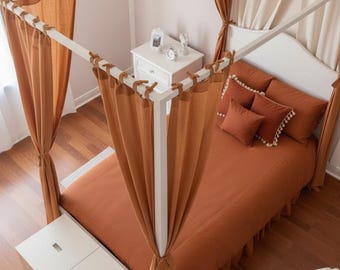 Linen Four Corner Bed Canopy Curtains- Custom Semi Sheer Curtains Panel for Canopy Bed Perfect Linen Drapes | Long Drapes