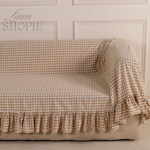 Boho Ruffled Linen Gingham Couch Cover - Custom check natural Linen Sofa Cover & Bedspread, Slipcover with Farmhouse Charm