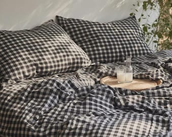 White and Black gingham Comforter Cover / DUVET COVER linen bedding set Soft king Queen linen duvet cover with 2 pillowcases / quilt custom