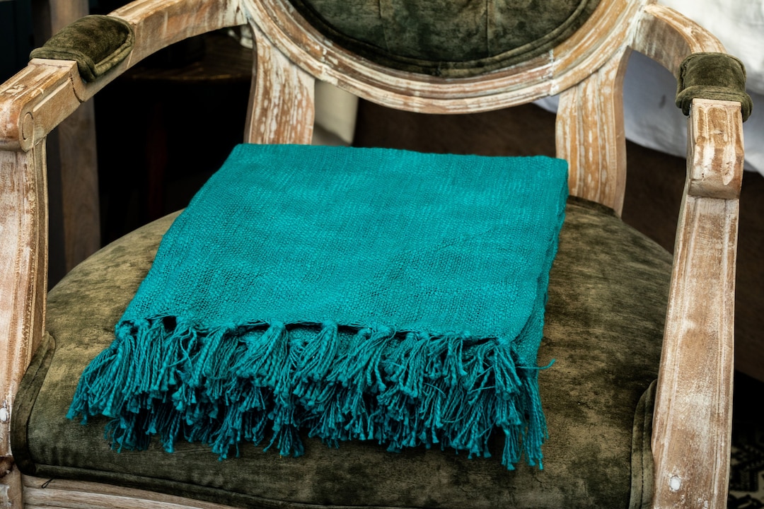 Hand Loomed Teal Throw Blanket Couch Cotton Throws and Blankets