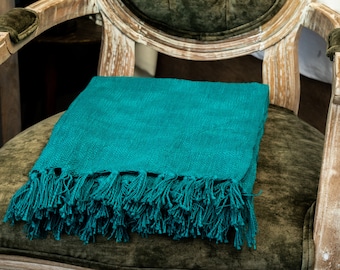 Hand Loomed Teal throw blanket couch Cotton Throws and Blankets Beautiful Gift For Mother&#39;s Day Hand woven Cotton Throw Teal Colour