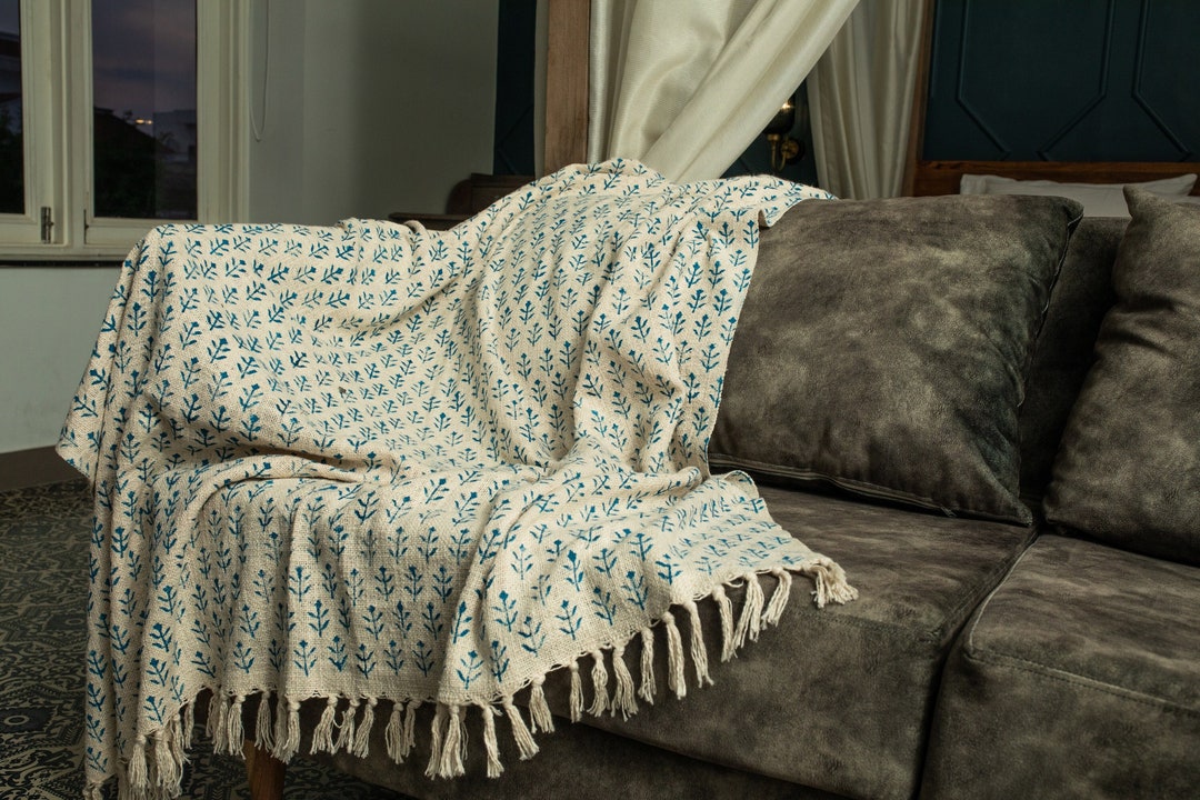 Hand Loomed Mud Cloth Leaf Print Throw Blanket Cotton Throws and