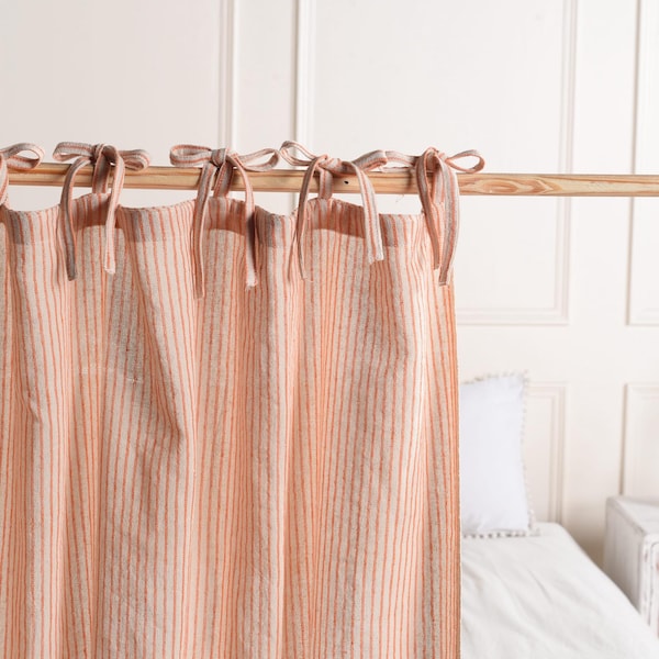 Light Filtering cafe linen Curtains, striped curtains with tie tops, orange striped kitchen curtains, sink skirt, bathroom drapery