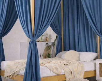 Four Corner Bedding CANOPY Curtains - Boho Linen Canopy Drapes Bed linen drapes Custom Linen Panels curtains