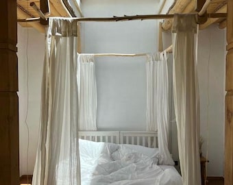 Linen Four-Corner Bed Canopy Curtains | Boho Romantic Bed Decor Drapes | Linen Curtain Canopy Valance Living Room Decor All Custom Size