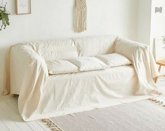 Boho Linen Couch Cover in 17 Colors - Custom Natural Linen Sofa Cover & Bedspread, Furniture Protector Coverlet