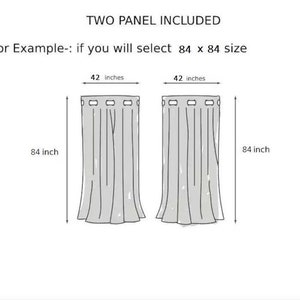 K&ouml;nnte beinhalten: Diagramm, das zwei Gardinenpaneele zeigt, jedes 42 Zoll breit und 84 Zoll lang. Der Text "TWO PANEL INCLUDED" und "For Example-: if you will select 84 x 84 size" ist ebenfalls enthalten.