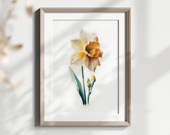 Impressão de narciso em aquarela - flor de nascimento de março, flor de primavera, arte de parede para impressão, download digital para aniversário de março ou presente de dia das mães