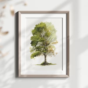 May include: A watercolor painting of a tree with green leaves and a brown trunk. The tree is painted in a realistic style and is set against a white background.