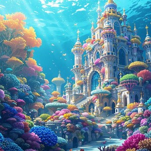 Arte digital de castillo submarino: Impresión de un reino fantástico de arrecifes de coral / Decoración de pared oceánica / Descarga imprimible de Atlántida