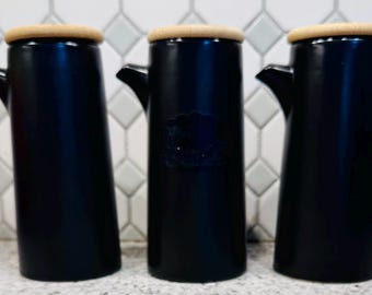 Vintage Black Ceramic Cruet: European Oil Dispenser with Bamboo Lid