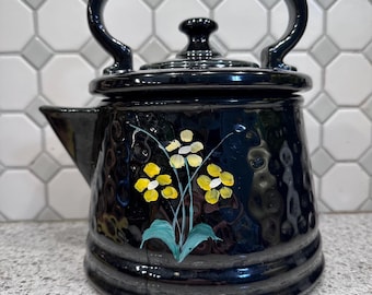 Vintage McCoy Teapot: Hand-Painted Black Daisy Crockery