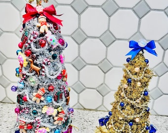 Handmade Miniature Christmas Tree Centerpiece: Silver or Gold Decor