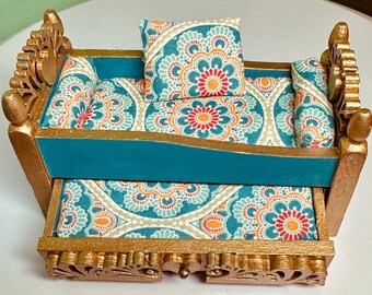 Vintage Teal Trundle Bed: Upcycled Dollhouse Furniture with Gold Trim
