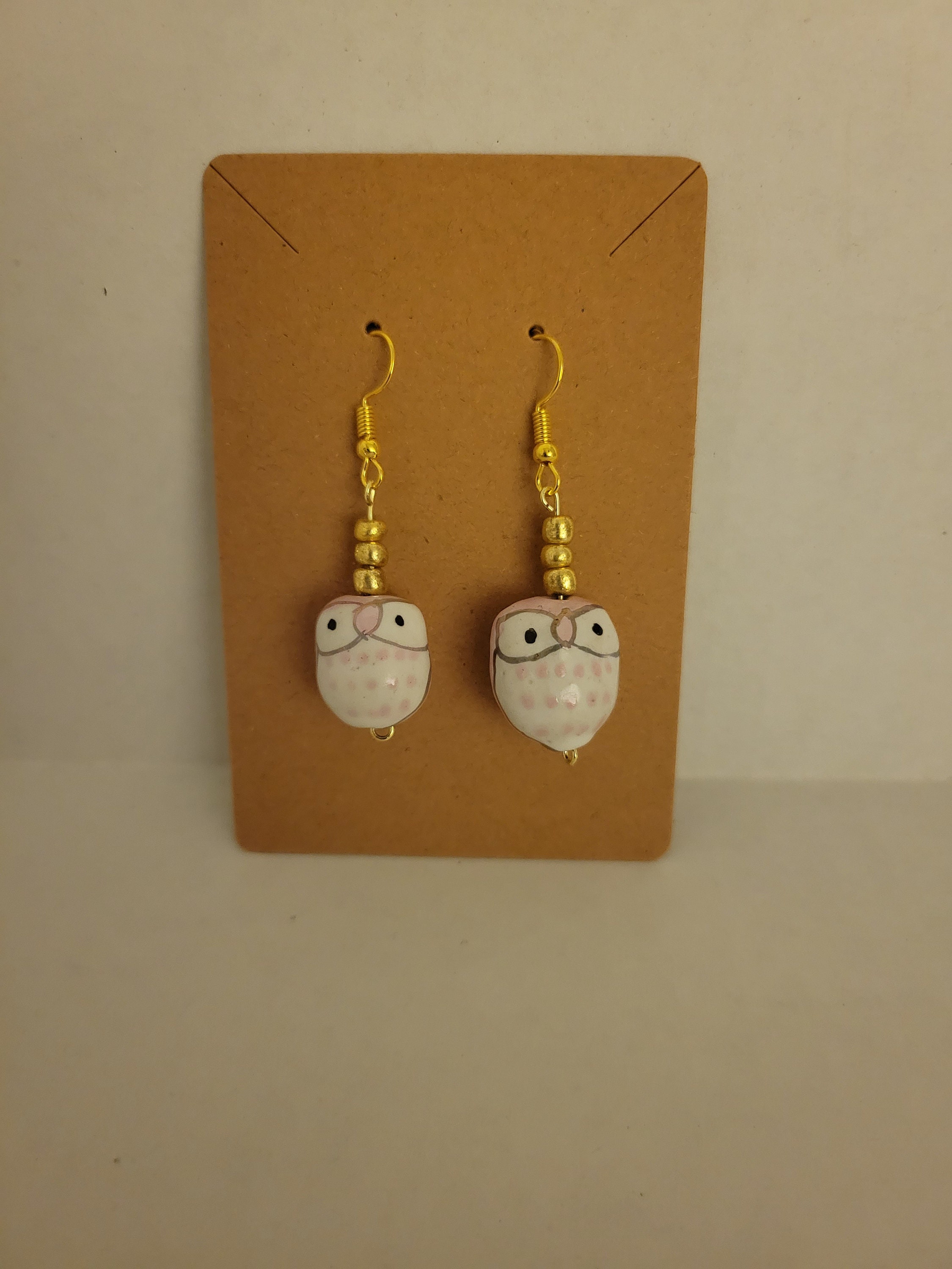 Pink Ceramic Owl Dangle Earrings