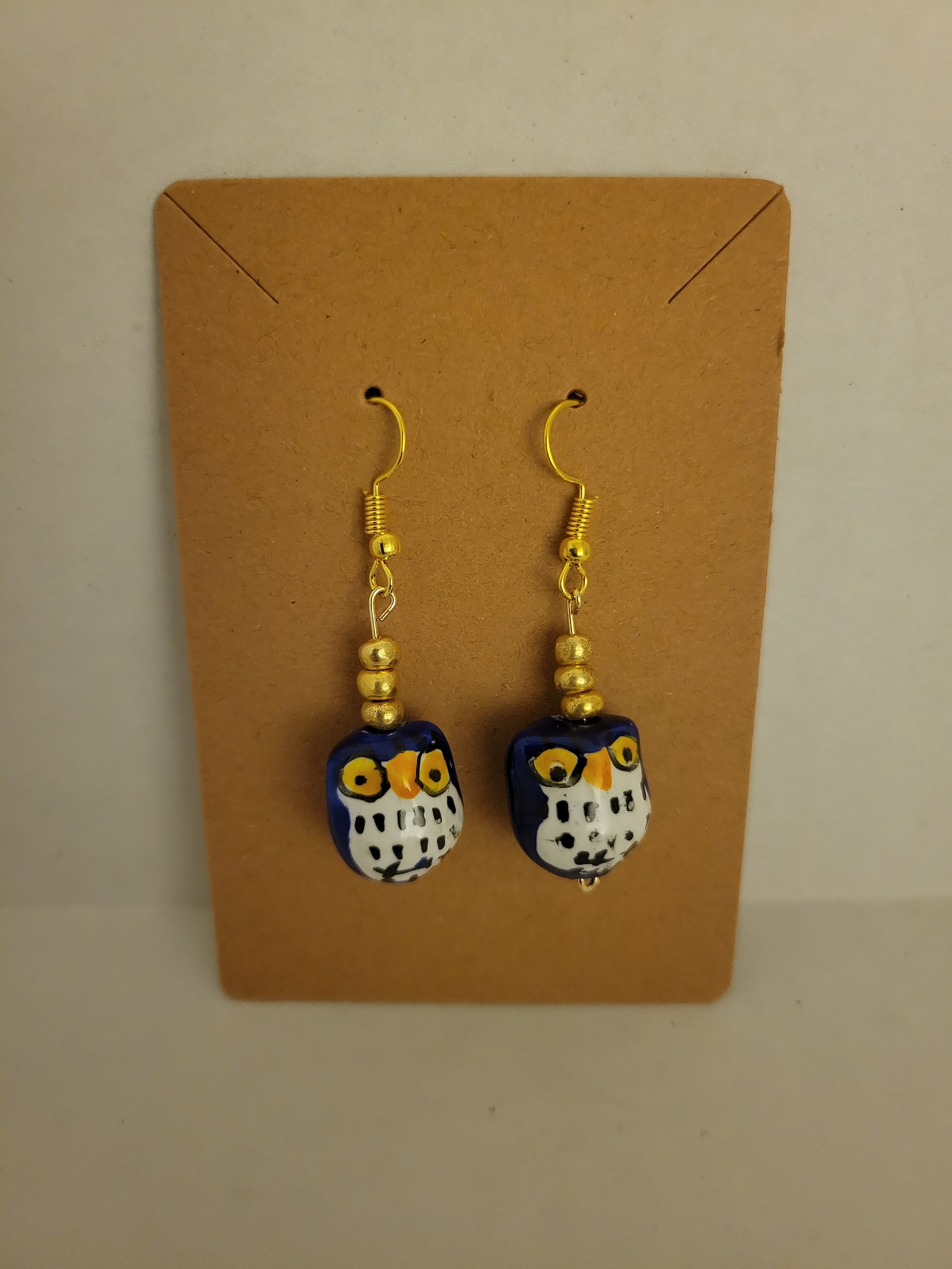 Blue Ceramic Owl Dangle Earrings