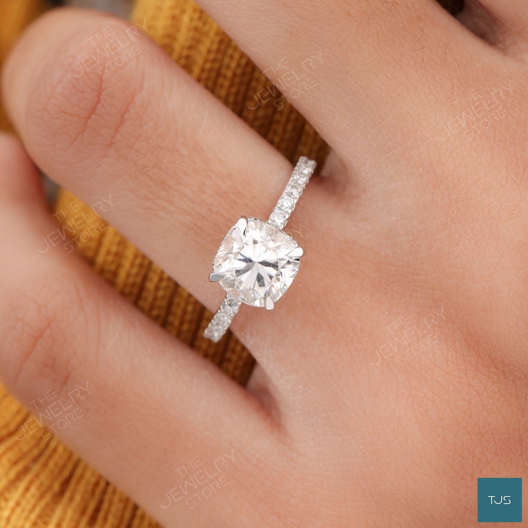 Cushion Cut Cz Engagement Ring Hidden Halo Wedding Ring 925 Etsy