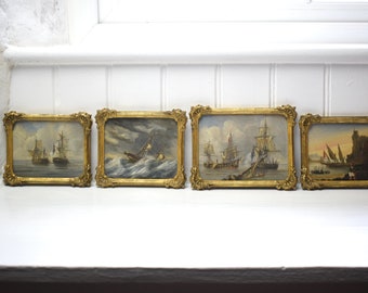 Set of Four 20th Century Nautical Scenes, Oil on Board, Antique Maritime Oil Paintings, Framed Artwork, Antique Paintings, Original Art