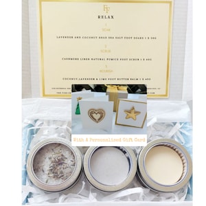 RELAXING WELLNESS Fußpflege Geschenkset mit Karte, Pediküre Spa-Auswahlbox, Verwöhnbad für Füße, Peeling-Peeling, beruhigender Fersenbalsam