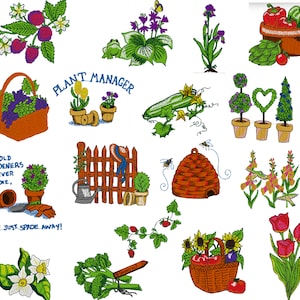 Puede incluir: Una colección de diseños bordados coloridos con temas de jardinería. Los diseños incluyen una colmena, una cerca, una regadera, una cesta de flores, una cesta de uvas, una planta de pepino, una planta de fresa, un girasol, una abeja, una mariposa, un topiario en forma de corazón, una colmena, una flor y un gnomo de jardín. El texto "Plant Manager" y "Old Gardeners Never Die, They Just Spade Away!" también está incluido.