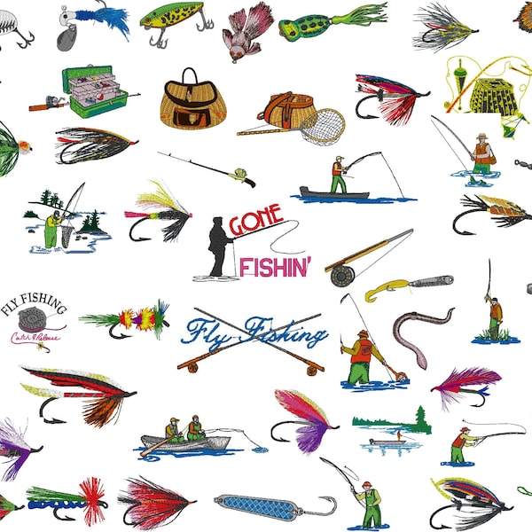 Gone Fishing Set 1 of 57 Embroidery Files 4 x 4 inches ( 100 x 100mm) Hoop - Pes Dst Exp Jef Hus Vip and  XXX  - Instant Download