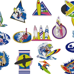 May include: A collection of embroidered patches featuring surfing and windsurfing designs. The patches showcase surfers riding waves, surfboards, and windsurfers with colorful sails. The designs include various shapes, colors, and styles, perfect for apparel or accessories.
