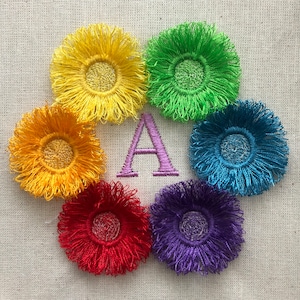 Ring Circle of 6 Fluffy Fringe Rainbow Flowers ( NO LETTER)  Embroidery Files fit 4 x 4  Hoop  Pes Dst Exp Jef Hus Vip XXX Instant Download